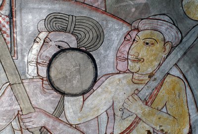Kalkmaleri, der afbilder hæren, der ledsager kongen af Ceylon, Dambullas gyldne tempel (Unescos verdensarvssted af Sri Lankan School