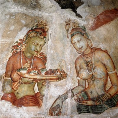 Udsigt over stuepigen (fresko af løveklippen, 5. århundrede) af Sri Lankan School