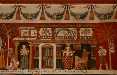 Vægmaleri, der viser et singalesisk hus i Subdharama-templet, Dehiwala (vægmaleri) af Sri Lankan School