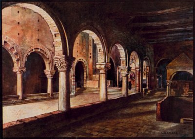 Italienske katedraler: Toscanella, udsigt over kirkeskibet San Pietro (farve litho) af Stafford Leake