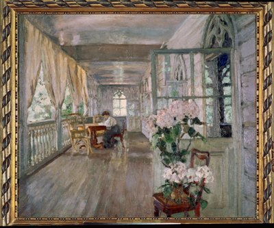 Terrasse på et palæ. Maleri af Stanislav Yulianovich Zhukovsky (Zhukovsky) (1873-1944), olie på lærred. russisk kunst af Stanislav Joulianovitch Joukovski