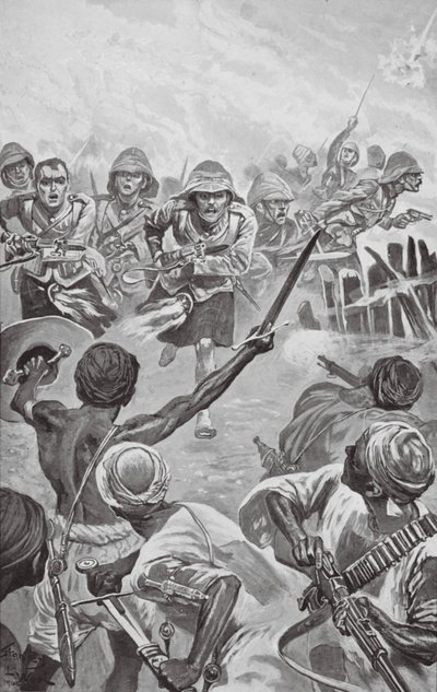 Camerons rushing the Zareba at the Atbara (litografi) af Stanley L. (after) Wood