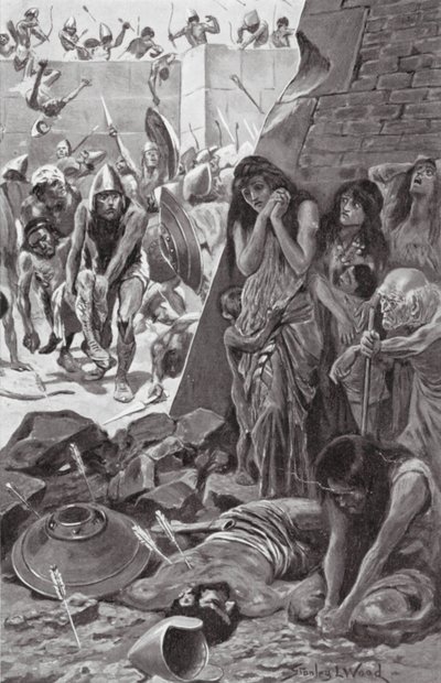 Tyrus belejret af Nebukadnezar af Babylon (litho) af Stanley L. (after) Wood