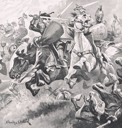 Slaget ved Shrewsbury, 21. juli 1403, illustration fra "British Battles on Land and Sea", udgivet af Cassell, London, ca. 1910 af Stanley L. Wood