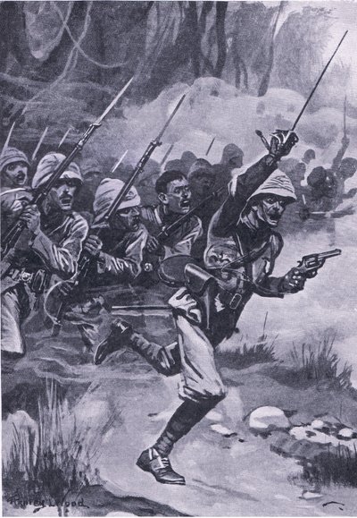 Briter angreb Ashantis ved Amoaful, 31. januar 1874, illustration fra British Battles on Land and Sea, 1915 af Stanley L. Wood