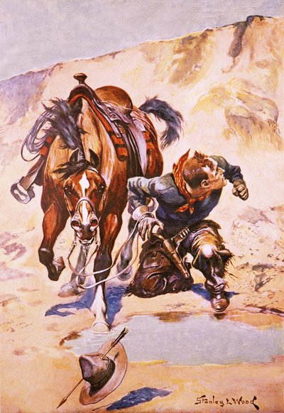 Cowboy forfulgt af indianere. af Stanley L. Wood