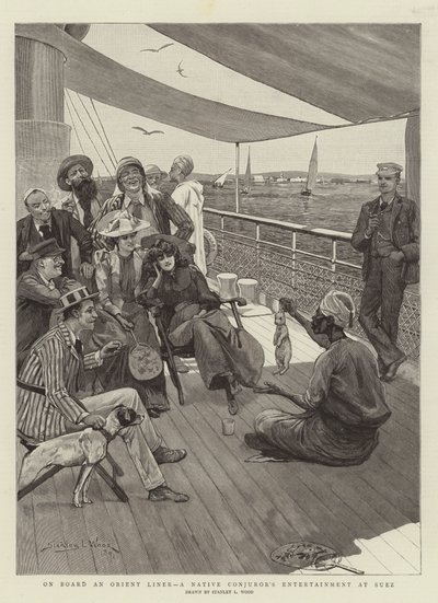 Om bord på et orientsk skib, en indfødt tryllekunstner underholder i Suez af Stanley L. Wood