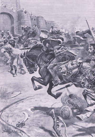 16th Lancers og Skinners Horse driver Jats ind i Bharatpur; december 1825 , illustration fra British Battles on Land and Sea , 1915 af Stanley L. Wood