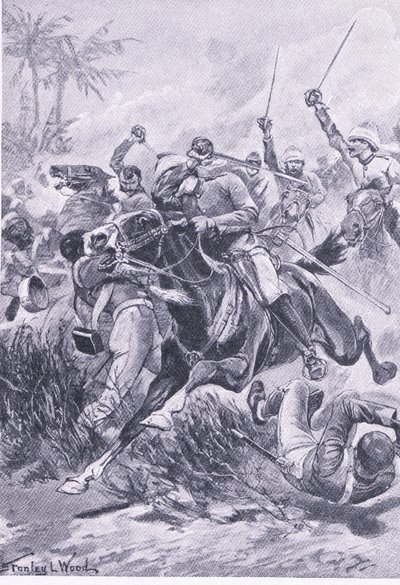 Frivilligt kavaleri uden for Lucknow, 30. juni 1857, illustration fra British Battles on Land and Sea, 1915 af Stanley L. Wood