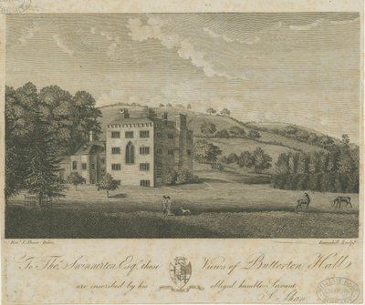 Butterton Hall: gravering og [1700-tallet] af Stebbing Shaw