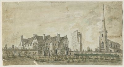Hamstall Ridware - Kirke og Herregård: vandfarvemaleri, nd [1762-1802] af Stebbing Shaw