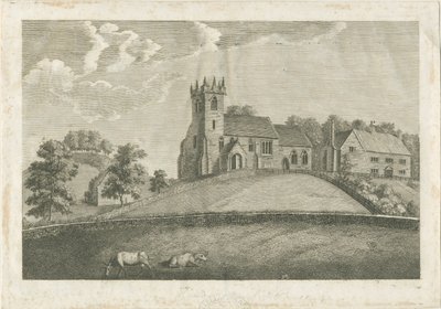 Sandon kirke og præstegård: gravering, nd [1797] (tryk) af Stebbing Shaw