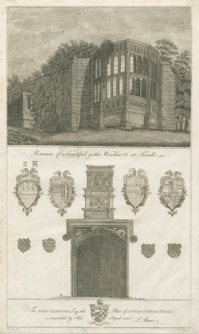 Tixall Hall - Gotisk vindue og heraldiske antikviteter: gravering, nd [1762-1802] (tryk) af Stebbing Shaw