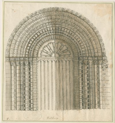 Tutbury Priory Church - Arch in West Door: pen og sepia tegning, nd [1762-1802] (tryk) af Stebbing Shaw