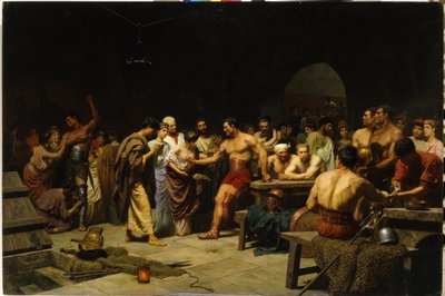 Gladiatorer inden de går ind i arenaen. (Gladiatorerne før en optræden på Arena). Romerske patriciere besøger og vurderer gladiatorernes fysik før kampen, kvinder smigrer og lykønsker kæmperne. Maleri af Stepan ( af Stefan Vladislavovich Bakalowicz