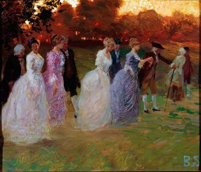 Paladsets tilbagevenden Elegante unge mennesker vender tilbage fra en verdslig begivenhed (fest eller reception) (Retur fra paladset) Maleri af Stefano Baghino (1881-1920) gener, Galleria d