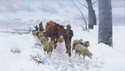 På vej tilbage fra markedet efter snefald, før 1877 (olie på lærred) af Stefano Bruzzi