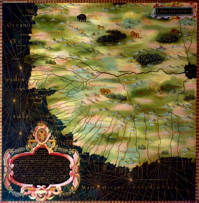 Kort over vestafrikanske kyster (Libyen, Guinee, Sierra Leone, Senegal) af Stefano Bonsignori (Buonsignori) (d. 1589) 1581 Maleri af skabene i Geographic Map Room. Palazzo Vecchio, Sala del Mappamondo Firenze af Stefano Buonsignori