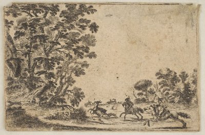 Plade 4: en hjortejagt, to ryttere galopperende mod højre bagved tre hunde og ..., efter 1642. Skaber: Stefano della Bella, Ukendt. af Stefano della Bella