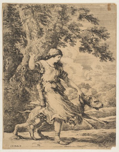 En nymfe, der holder en stor hund i halsbåndet, ca. 1654. af Stefano della Bella
