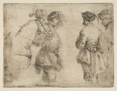 En stang, der fører en hest ved tøjlen og taler med to andre mænd, ca. 1662. af Stefano della Bella