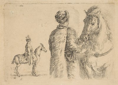 En polsk brudgom, bagfra, med en hest ved tøjlen, ca. 1662. af Stefano della Bella