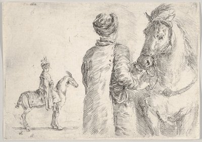 En polsk kammertjener, set bagfra, der holder tøjlen på en hest til højre, en polsk hor..., ca. 1662. af Stefano della Bella