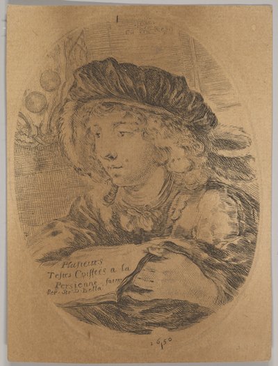 En buste af en ung mand iført en kasket med fjer, drejet tre fjerdedele til venstre, den ..., 1650. af Stefano della Bella