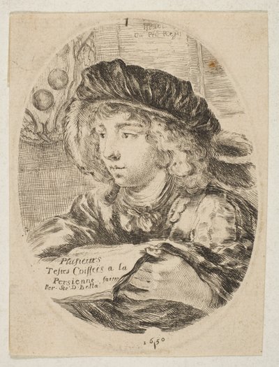 En buste af en ung mand iført en kasket med fjer, drejet tre fjerdedele til venstre, den ..., 1650. af Stefano della Bella