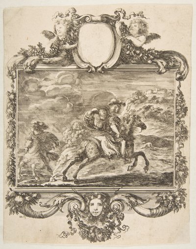 En kavaler og en dame til hest, inden for en udsmykket kant dekoreret med frugt og c..., ca. 1655. af Stefano della Bella