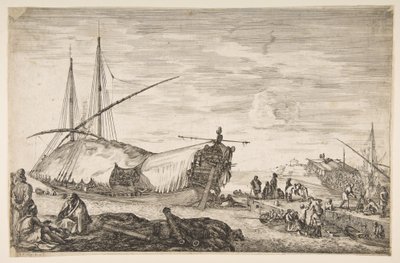 En kabys dækket af sejl til venstre, seks kanoner og fire personer til venstre i forgrunden, en ..., 1655. af Stefano della Bella