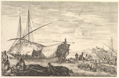 En kabys dækket af sejl til venstre, seks kanoner og fire personer til venstre i forgrunden..., ca. 1652-57. af Stefano della Bella