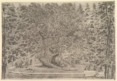 Et stort beboet træ i midten med ramper, der fører rundt om stammen, under en stenpa..., ca. 1653. af Stefano della Bella