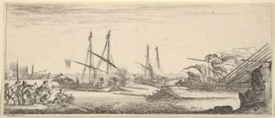 Et søslag, en robåd fuld af mænd til venstre, et synkende skib til højre, to kabysser ba..., ca. 1641. af Stefano della Bella