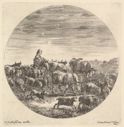 En bondekone siddende på en hest til venstre, vendt mod højre, omgivet af en flok fc..., ca. 1643-48. af Stefano della Bella