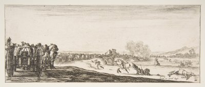 En procession af hestetrukne kanonvogne til venstre, ryttere i kamp og en død ho..., ca. 1641. af Stefano della Bella