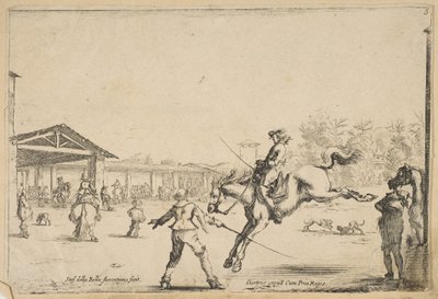 En rideskole, en rytter med sværdspring dirigeret af en anden mand med sværd i..., ca. 1645. af Stefano della Bella