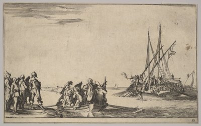 En robåd fuld af mænd i midten, en gruppe mænd stående på land til venstre, et skib fyldt med ..., 1639. af Stefano della Bella