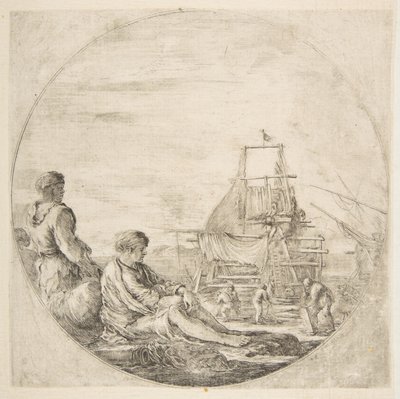 En siddende hvid sømand og en stående sort sømand, folk der bygger et skib i ryggen..., ca. 1660. af Stefano della Bella