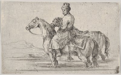 En kammertjener, der tager to heste for at bade, sidder oven på den ene hest i en flod, den anden ved siden af..., ca. 1662. af Stefano della Bella