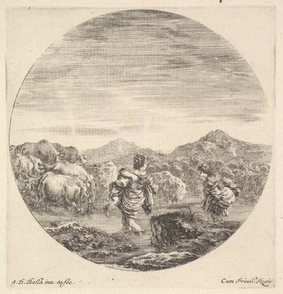 En kvinde med et barn i midten, set bagfra, en anden kvinde til højre, ansigt..., ca. 1643-48. af Stefano della Bella