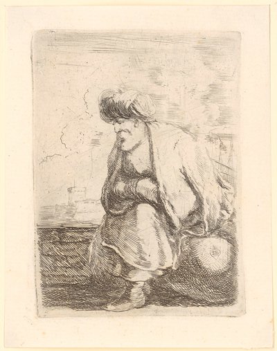 En gammel tyrker med frakke og turban sidder på en sten af Stefano della Bella
