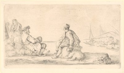 En ældre og en yngre sømand sidder ved strandkanten af Stefano della Bella