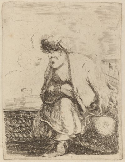 En gammel tyrker med turban på en klippe af Stefano della Bella