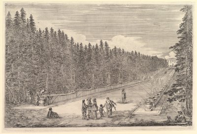 En allé med springvand, en gruppe mennesker, fra „Udsigter over villaen i Pratolino“ af Stefano della Bella
