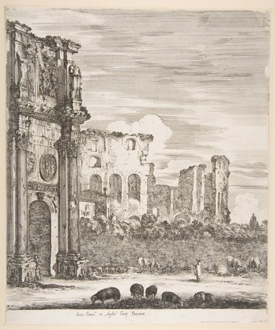 Konstantinbuen og Colosseum med får, der græsser i forgrunden, fra seks store udsigter..., 1656. af Stefano della Bella