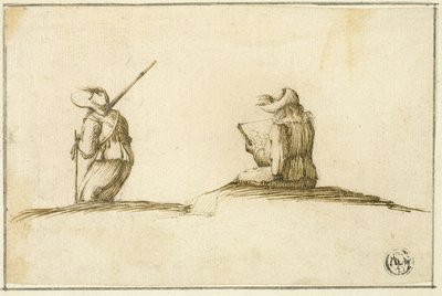 Skrivende kunstner og soldat, begge set bagfra af Stefano della Bella