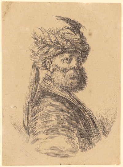Skægget mand med turban i trekvartprofil mod højre af Stefano della Bella
