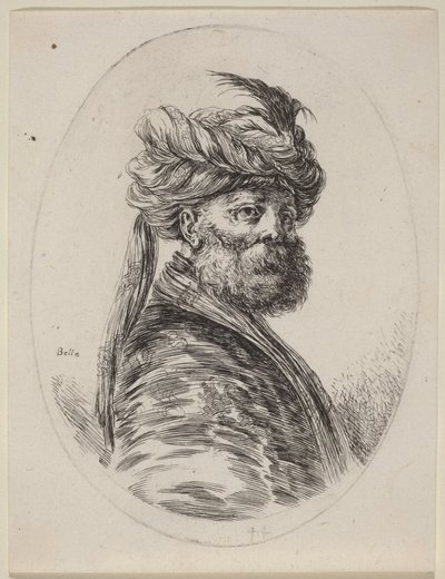 Skægget maurer med en fjerprydet turban og et slør, vendt mod højre af Stefano della Bella