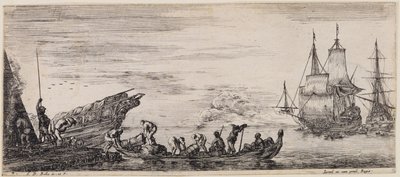 Lastning af forskellige skibe: til venstre en lastebro med vagtpost og havnearbejdere, der losser en båd af Stefano della Bella